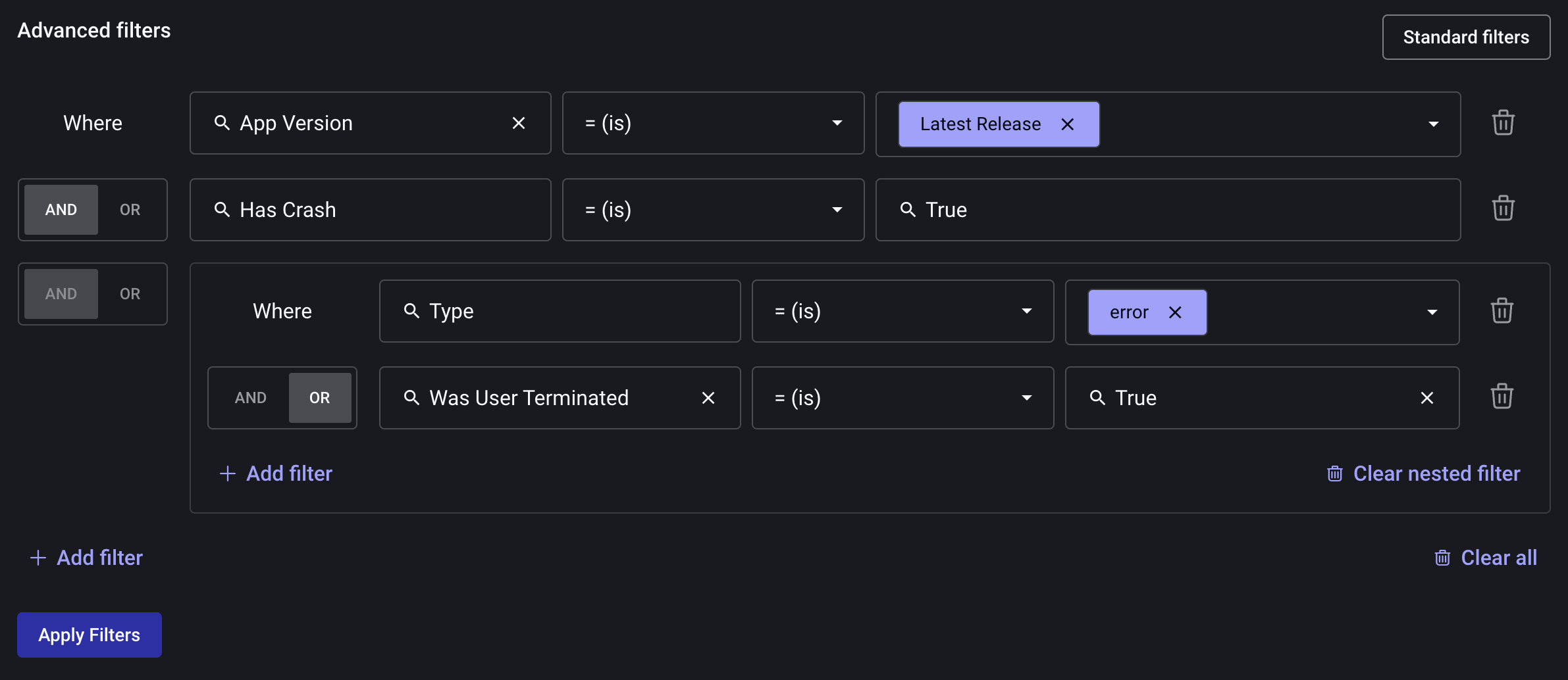 Screenshot of Advanced Filter on Sessions page