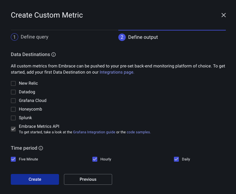 Screenshot of custom metrics output tab