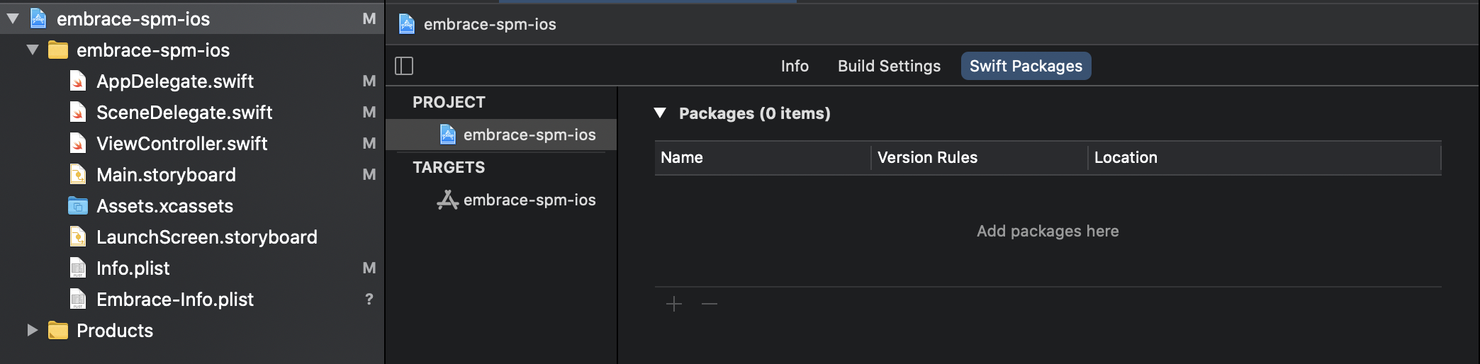 Xcode project ready to integrate Embrace via Swift Package Manager