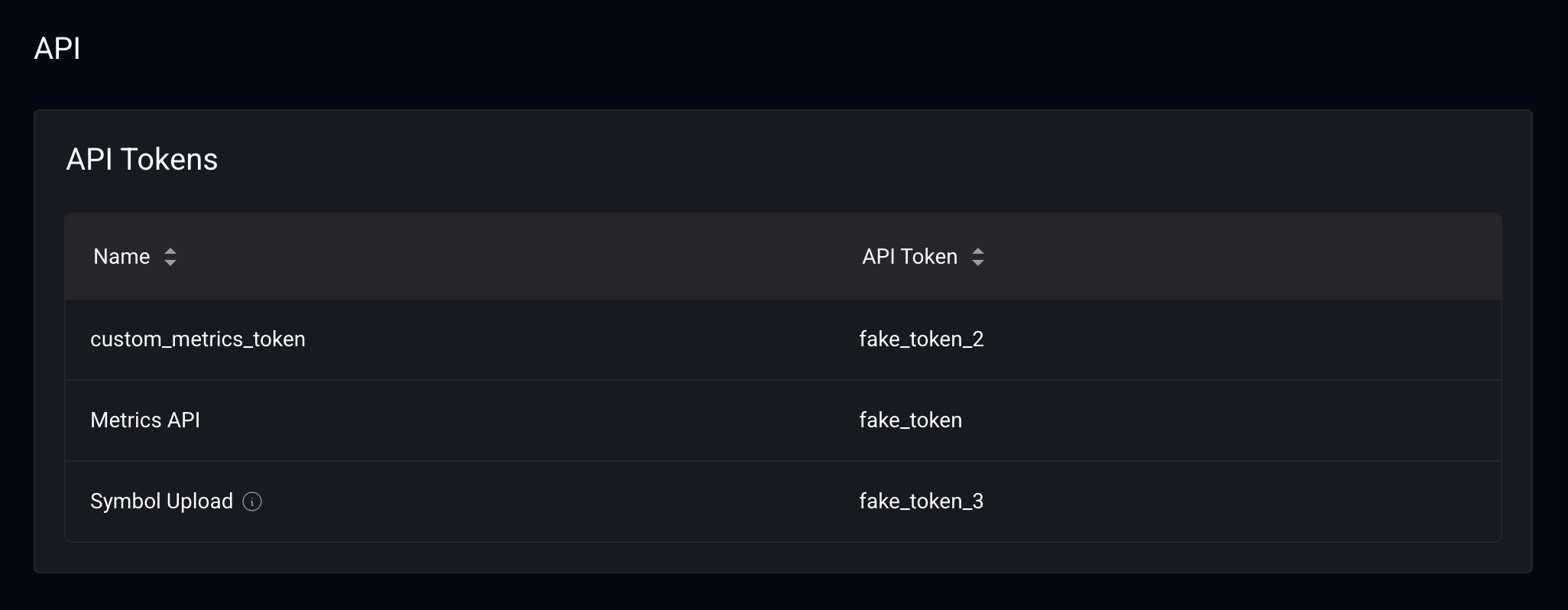 Image showing the
settings page for API tokens