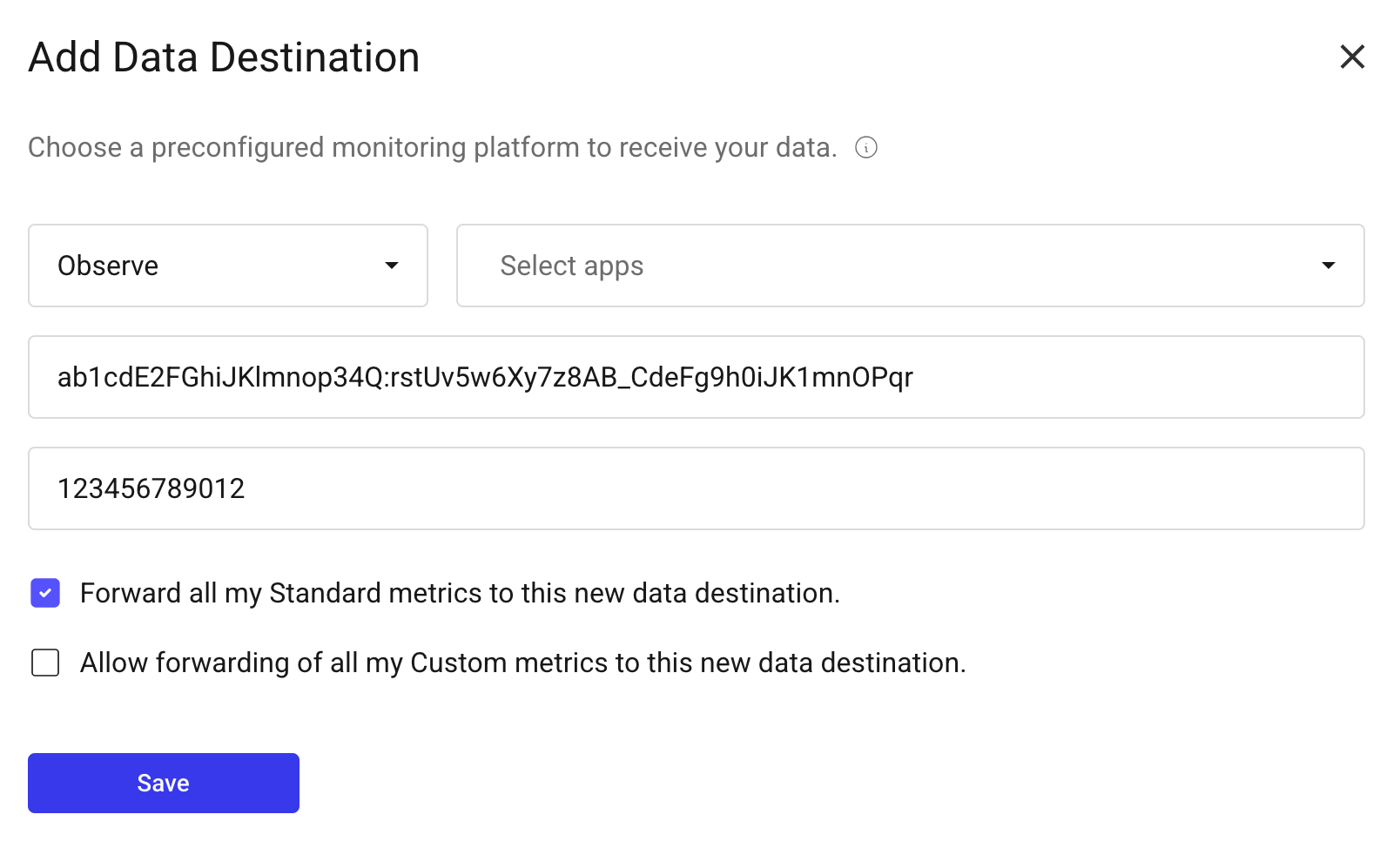 Image showing Observe data destination form