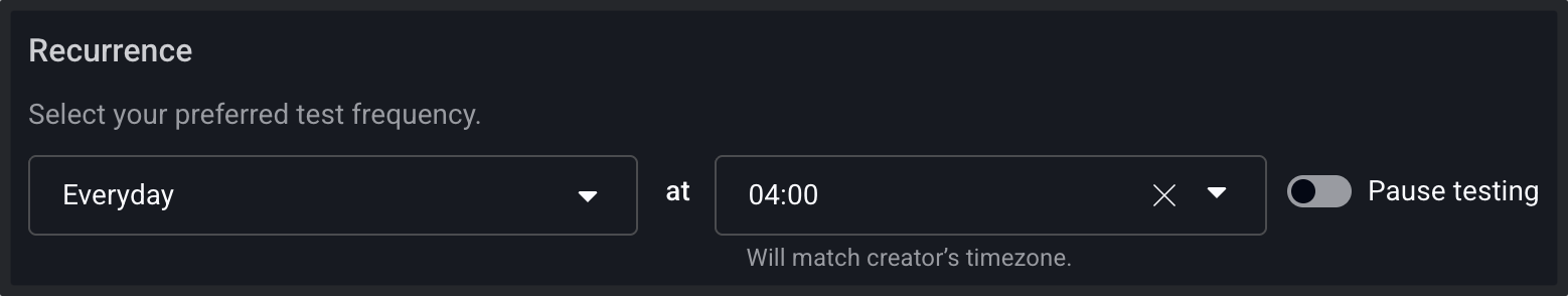 Interface displaying selection boxes for choosing test recurrence frequency, including options for daily, hourly, and every 15 minutes. The primary focus is on dropdown menus and checkboxes that allow users to select relative or specific times to run synthetic tests. Visible text includes labels such as Recurrence, Daily, Hourly, Every 15 minutes, and checkboxes for selecting specific times.