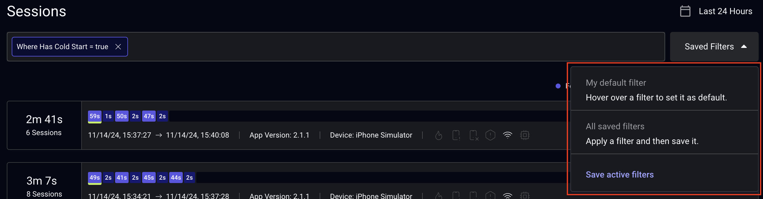 Screenshot of Saved Filter Menu on Sessions page