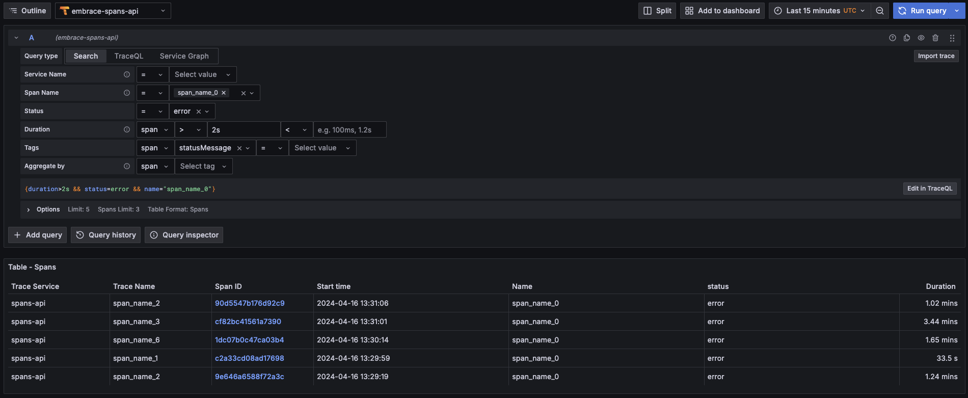 Grafana search mode, searching with span name