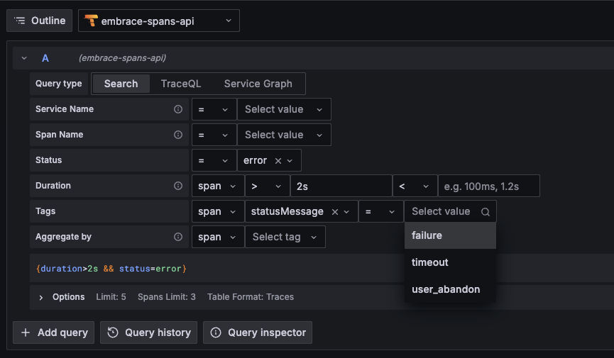 Grafana search mode, searching at tag values