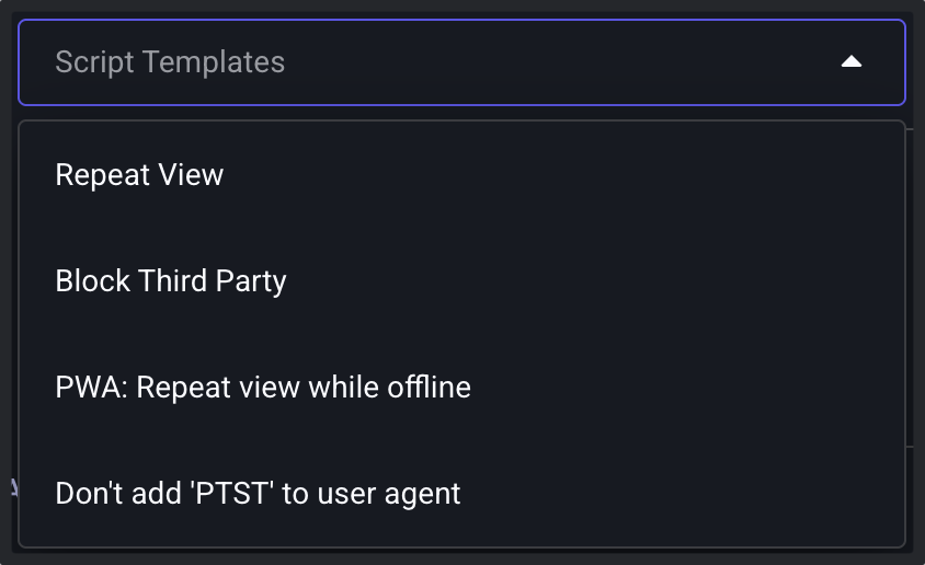 Dropdown menu with script template options including Repeat view, Block third party, PWA Repeat view while offline, and Don't add PTST to user agent, allowing users to select and auto-generate scripts