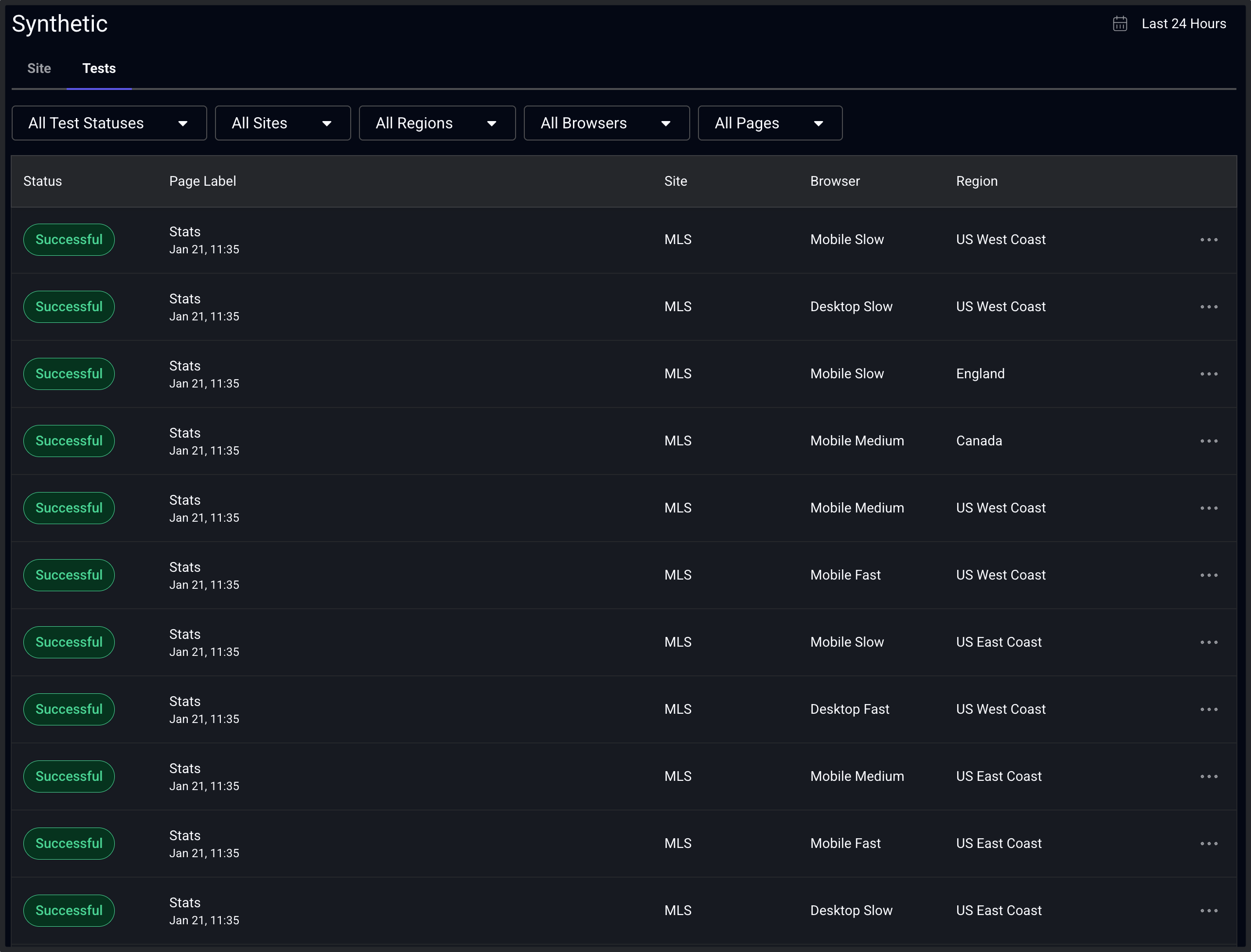 Dashboard section with dark background showing a list of completed synthetic tests in a tabular format. Each row displays the test name, status indicator showing pass or fail, execution timestamp, and duration. The organized table provides a clear view of test execution history and results.