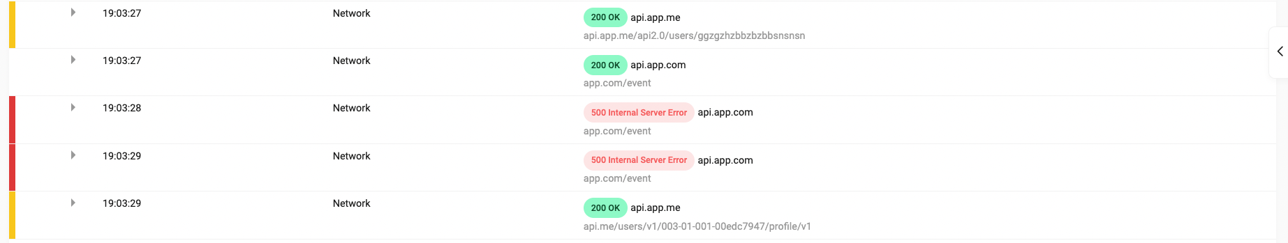 the details of a session timeline showing slow network calls and two 500 internal server errors.