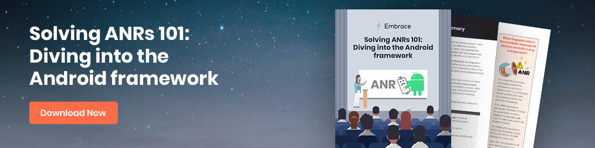 A graphic depicting a preview of an ebook with the title “Solving ANRs 101: Diving into the Android framework.”