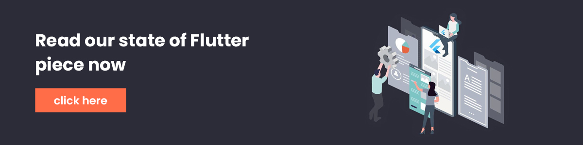 A graphic depicting the Flutter logo on a phone screen surrounded by various screens, graphs, and people.