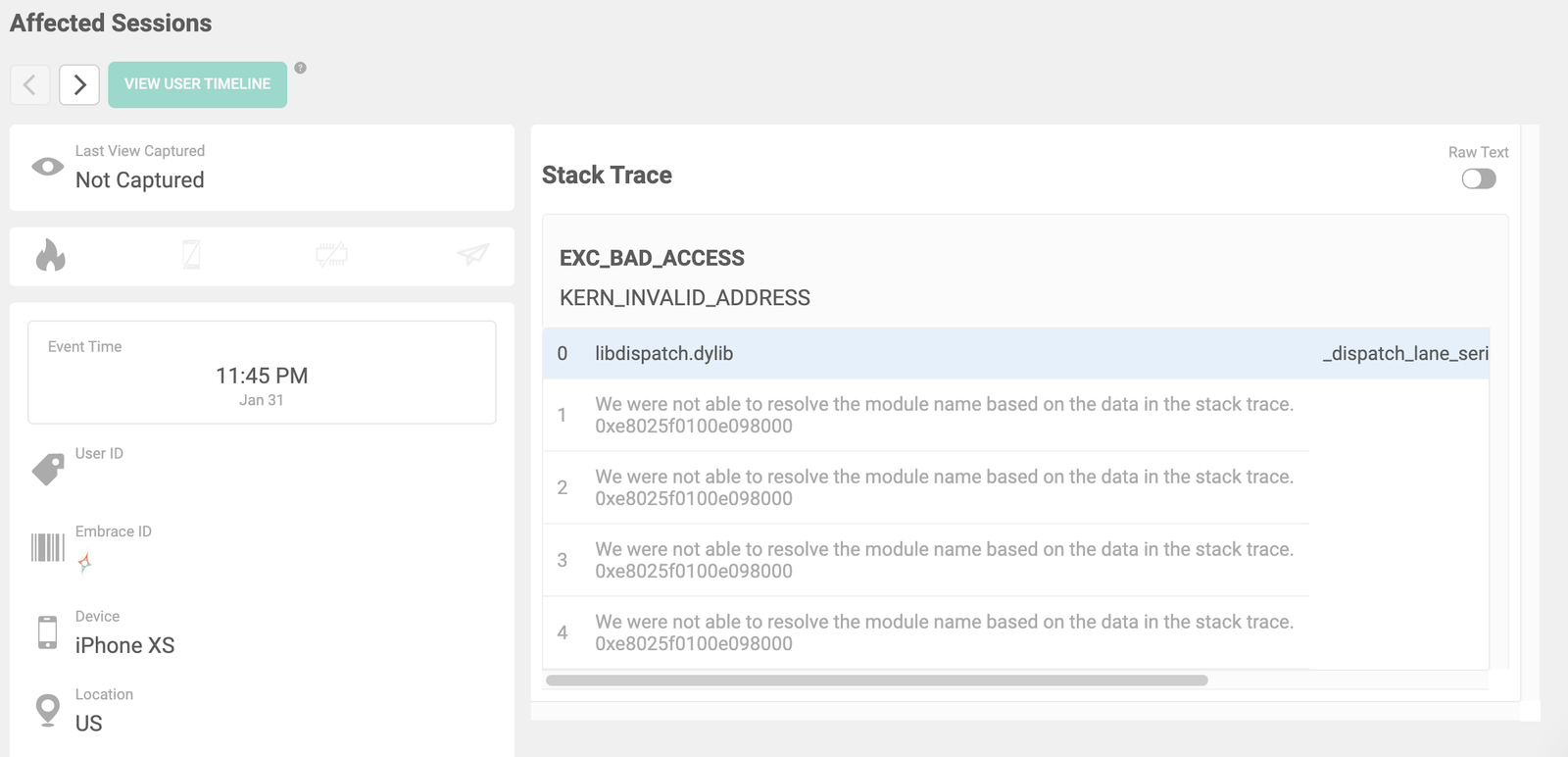 Crash report in Embrace dashboard