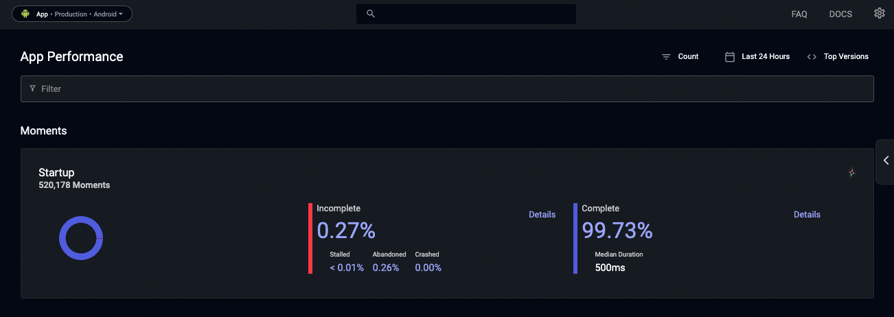 Startup time measurement in the Embrace dashboard.