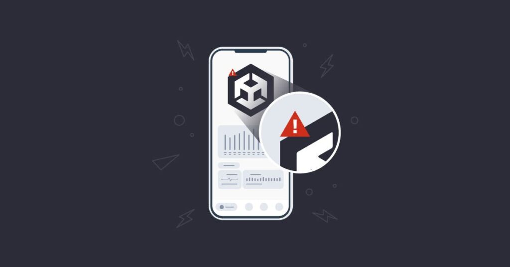 Image depicting a phone screen with the Unity logo with an error, surrounded by graphs and metrics.