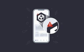 Image depicting a phone screen with the Unity logo with an error, surrounded by graphs and metrics.