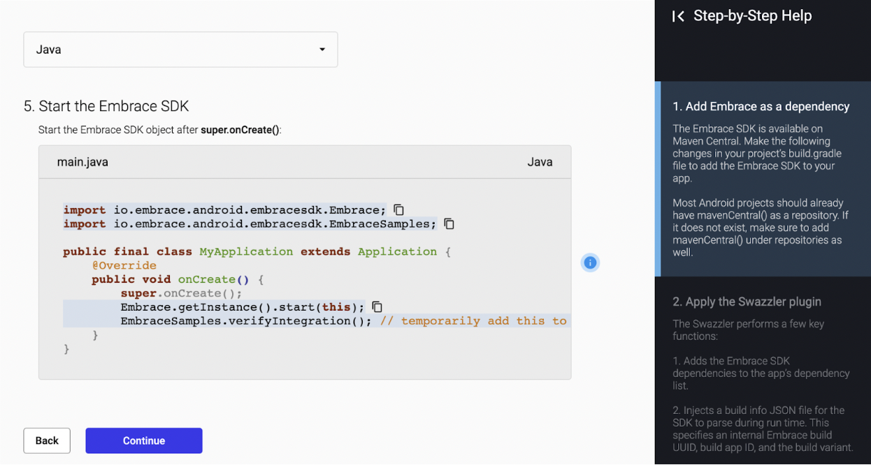 Embrace's free trial sign-up page where you can create your project and integrate the Embrace SDK into your Android app.