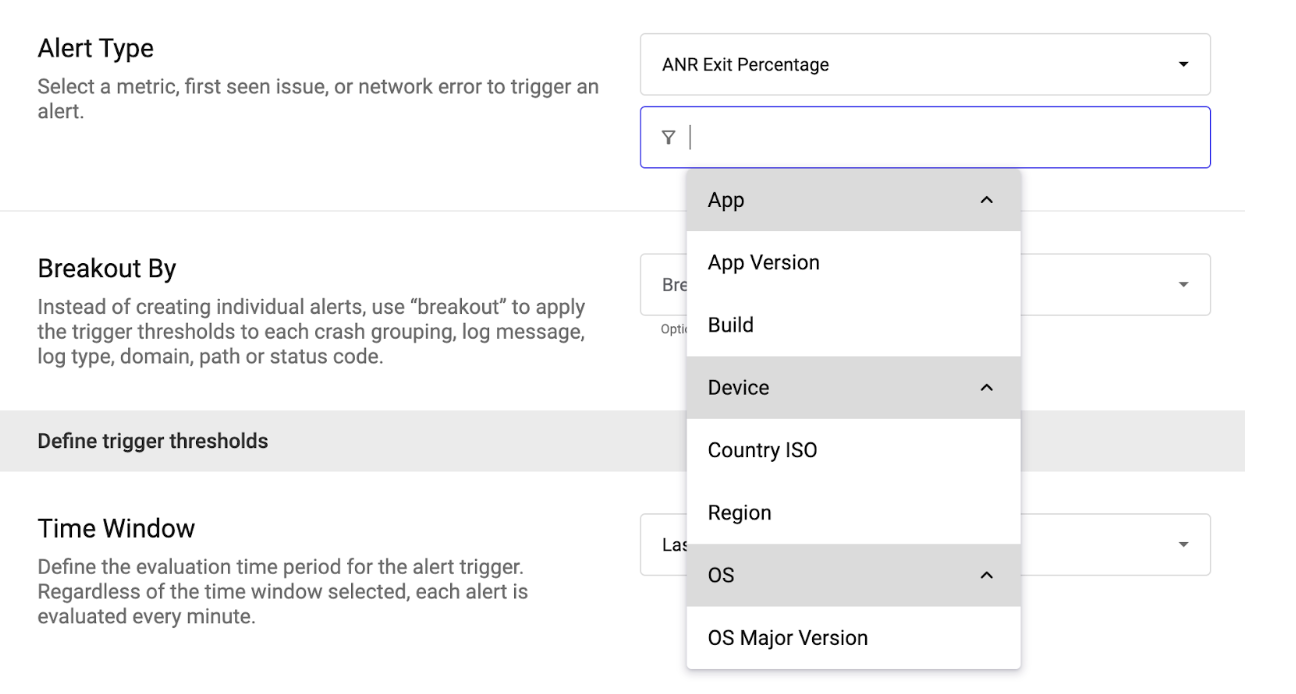 Embrace's customizable dashboard where you can set up custom, real-time alerts and notifications for ANRs. You can customize your alert types, break them out by different metrics, and define trigger thresholds.