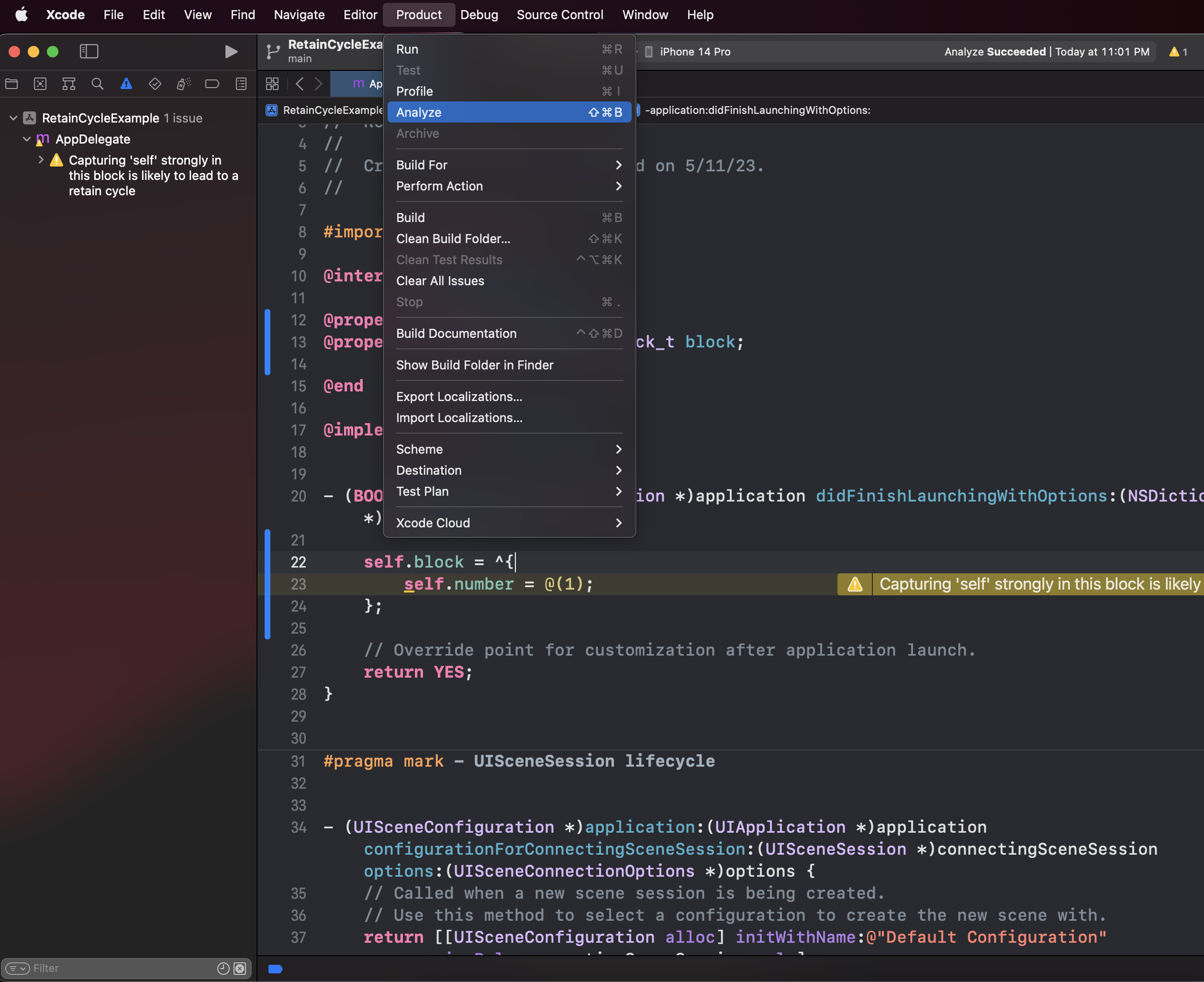 Image of the Xcode analyze tool in action.