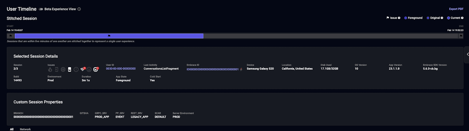 Image of a user timeline showing an ANR in the second session above other session details.