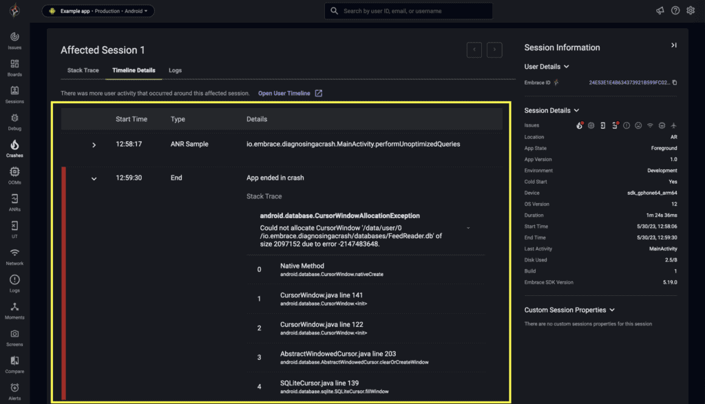 A screenshot of an Embrace session details page.