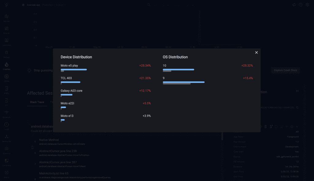 A screenshot of an Embrace device and OS distribution screen.