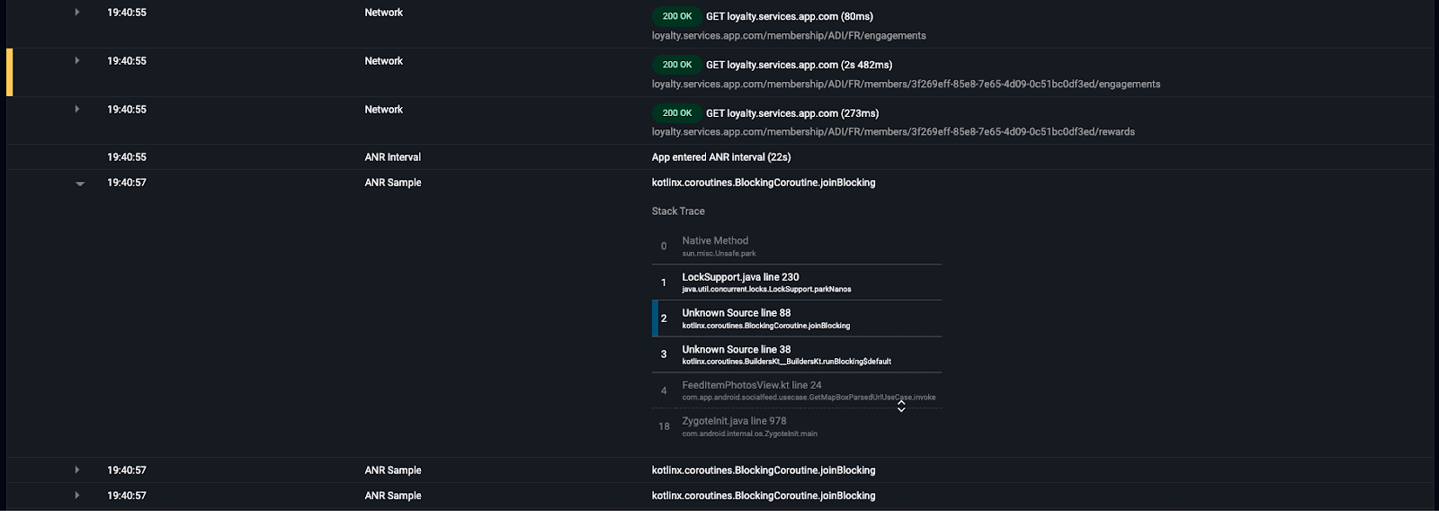 User session with first ANR stack trace expanded.