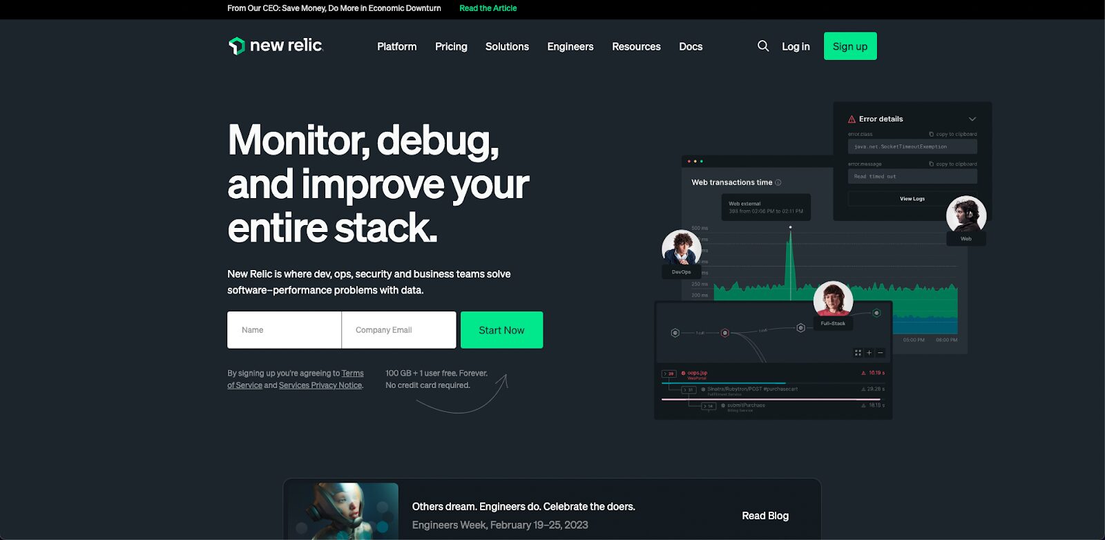 The homepage of the New Relic website.