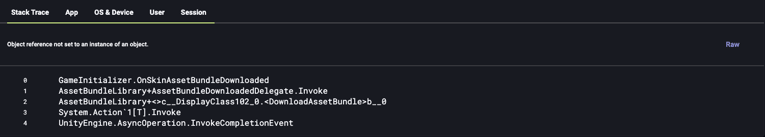 The raw details of a crash stack trace.