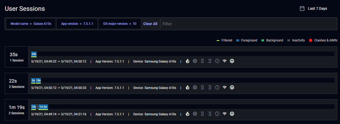 Data highlighting recent user sessions