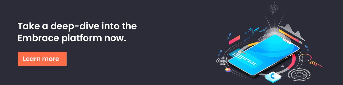Banner showing a phone with several different apps, messages, and graphs emitting from it alongside a CTA that says "Take a deep-dive into the Embrace platform now." above a "Learn more" button.
