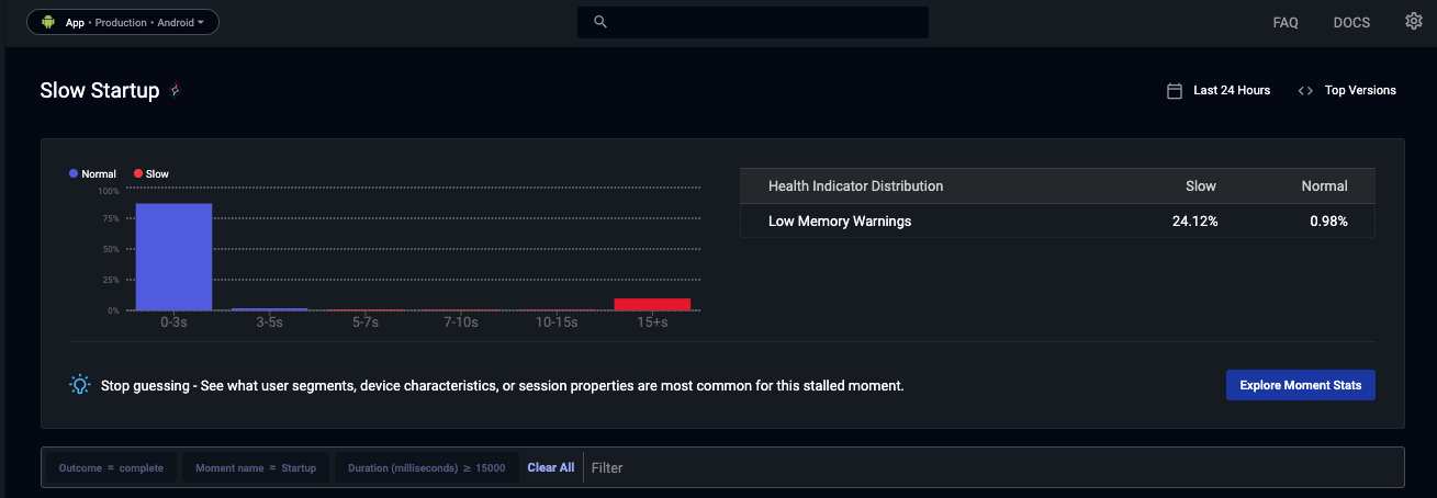 The Embrace dashboard showing a chart tracking Slow Startup.