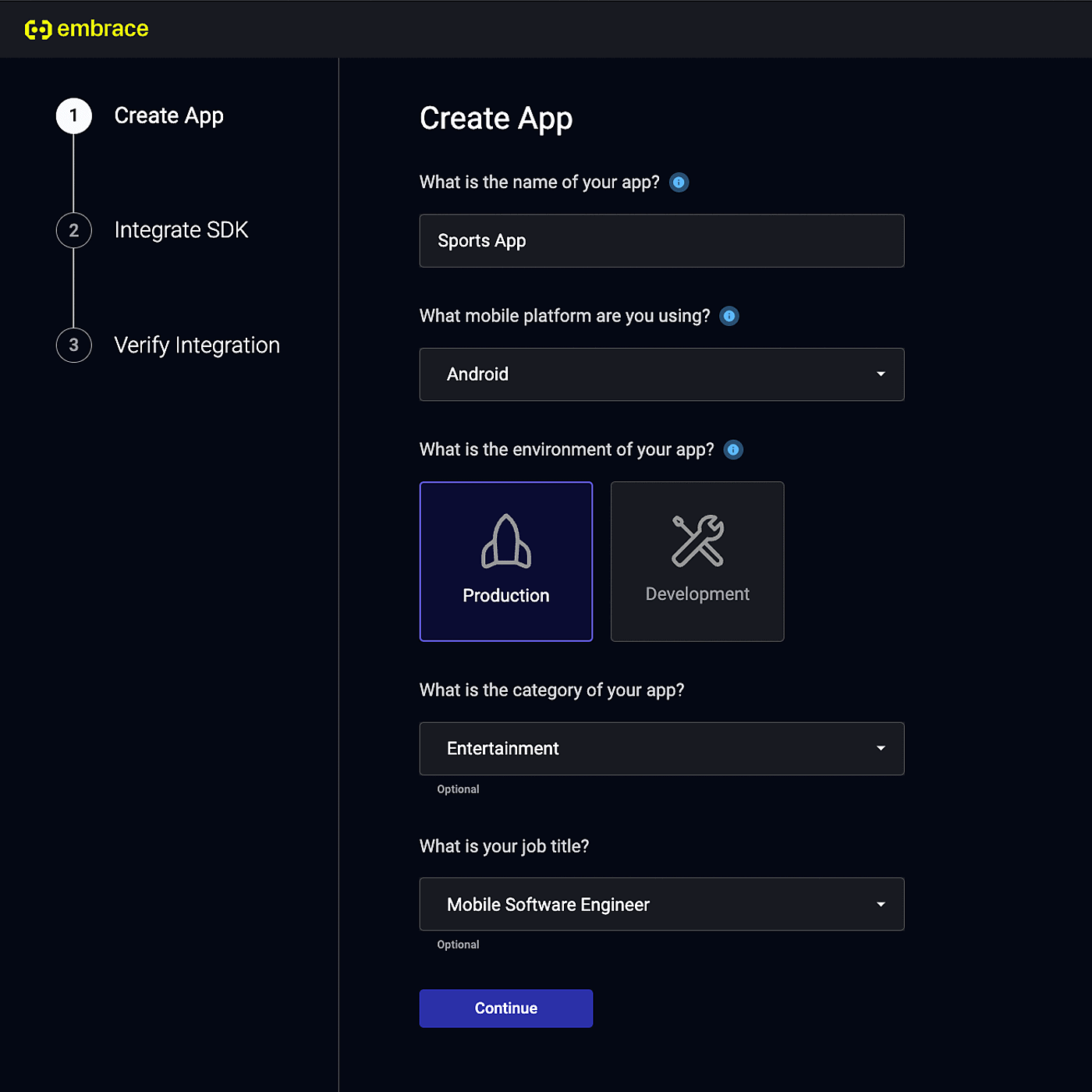 Flow demonstrating how to create a new app in Embrace Bug Shake