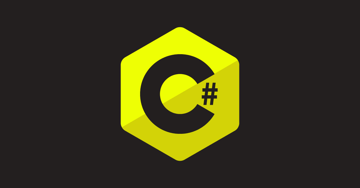 A black C# (C sharp) logo in a yellow hexagon on a black background.