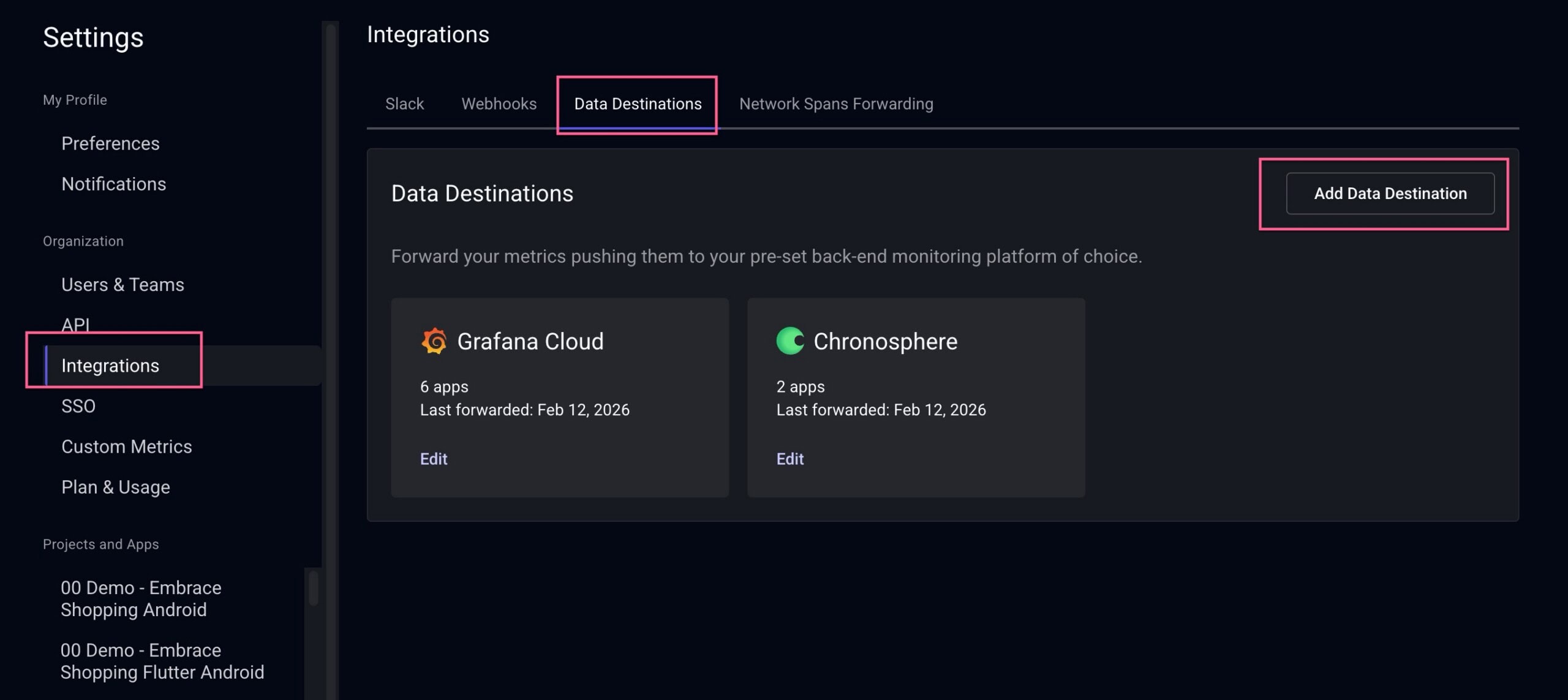 data-destinations-section-first Settings page in the Embrace dashboard