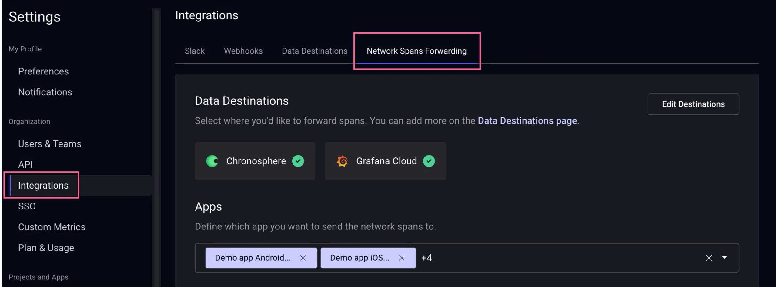 data-destinations-section Embrace dashboard settings page