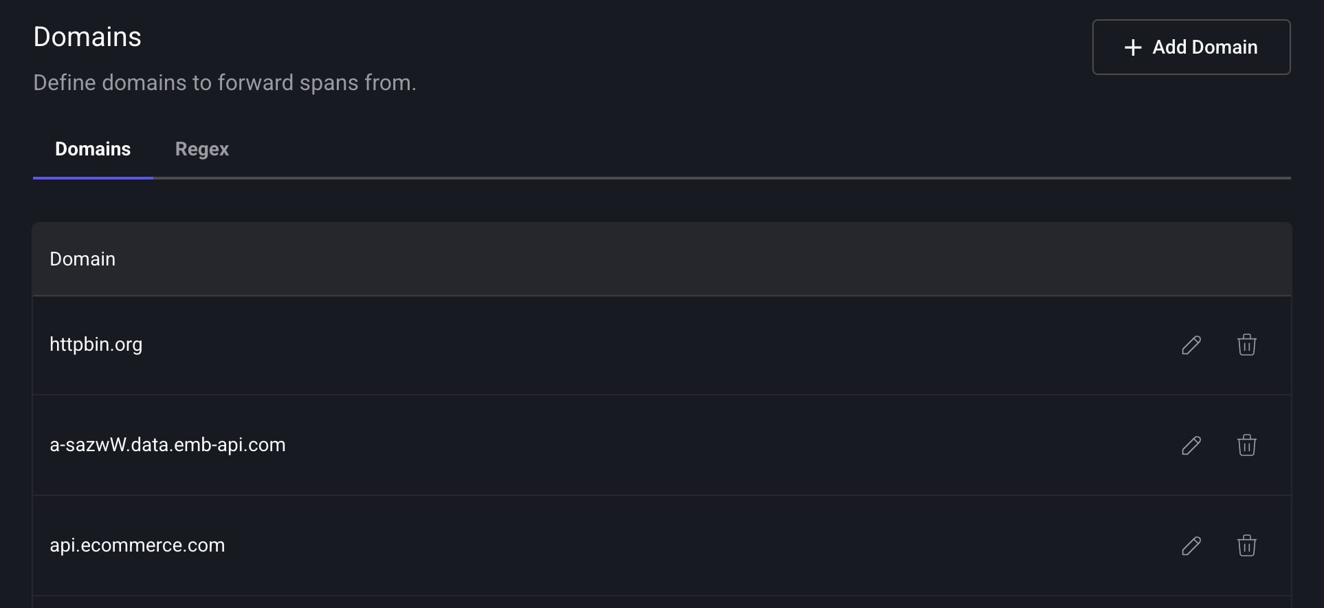 domains-section Embrace dashboard settings page for Network Spans Forwarding, showing the Domains section