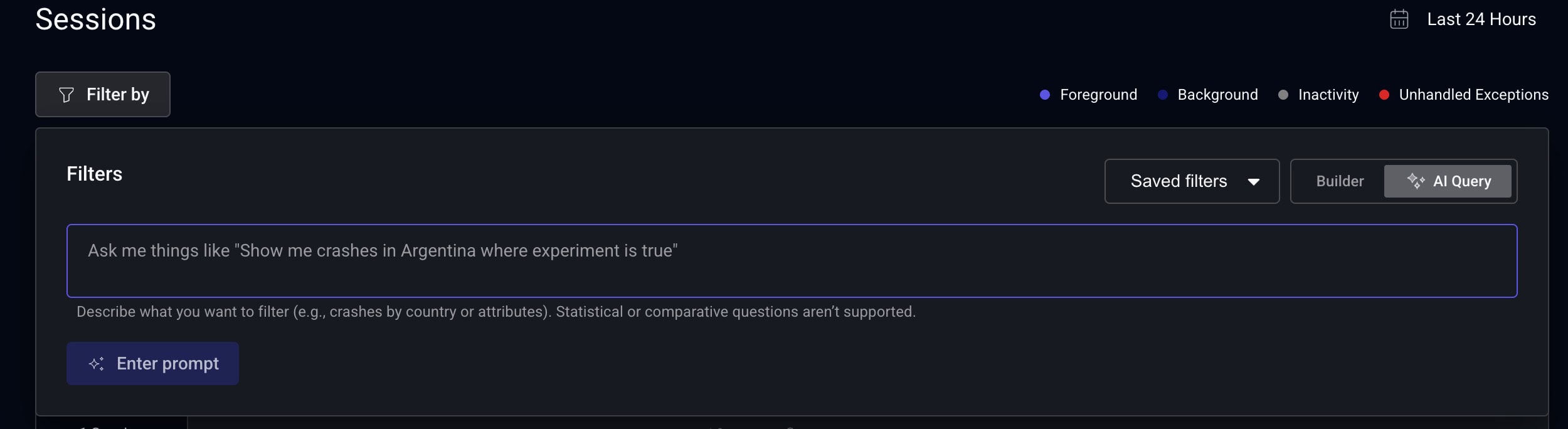 sessions-page-natural-language-filtering-turned-on Filter widget settings in Embrace dashboard with natural language filtering turned on