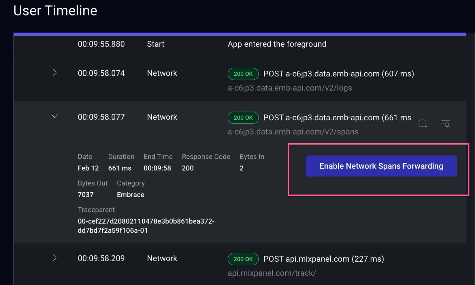 user-timeline-page User Timeline page in the Embrace dashboard