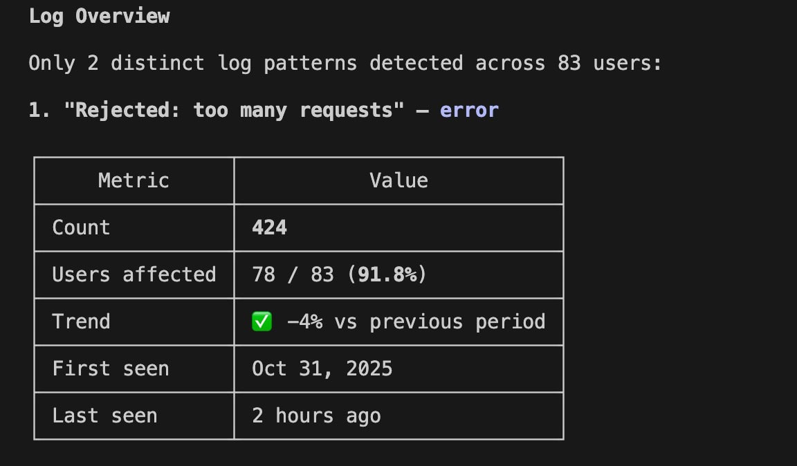 embrace-mcp-server-log-overview Terminal output from querying Embrace MCP Server for log overview data